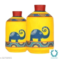 Happy Elephants Madhubani Yellow Vases(Set of 2) (8x4.6/10x5.4) - Yellow, Handicraft